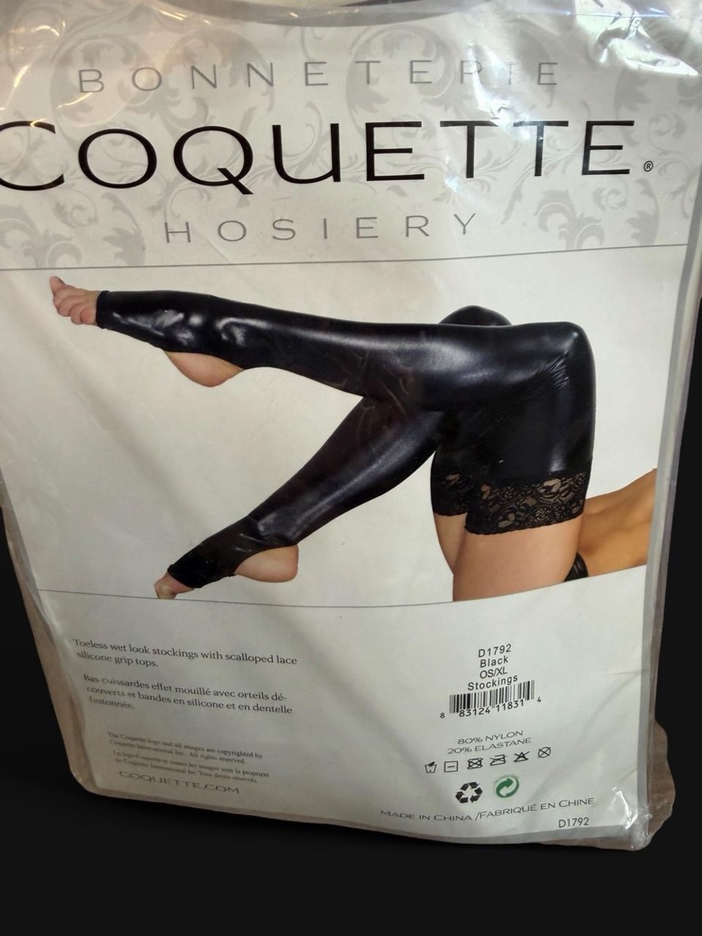 New Black Wet-Look Thigh-High Stockings with Lace